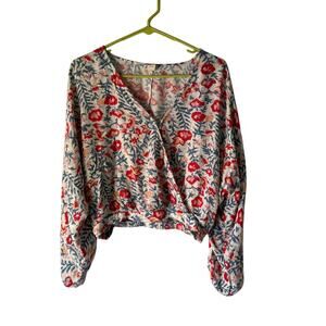 Billabong Floral Long Sleeve Cropped Boho Blouse Elastic Hem Size M